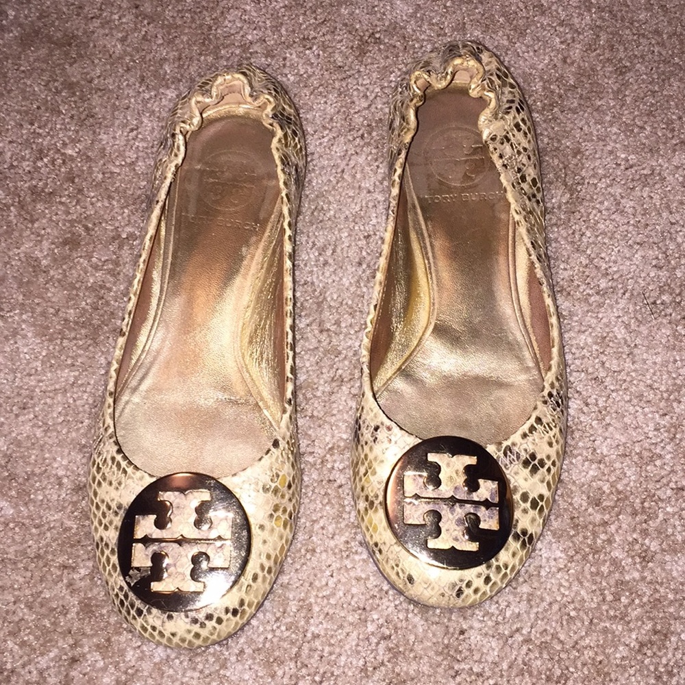 Tory Burch snake skin gold flats